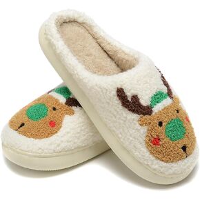 Women Christmas Reindeer Holiday Slippers：Moose Cute Cartoon Elk Fuzzy Warm House Men Xmas Winter Soft Cozy Slippers