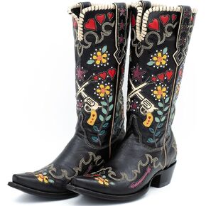 Women's Swallow Floral Embroidered Cowgirl Boots Chunky Low Heels Handmade Rivets Western Cowboy Knee High Boots Pull on Blue Black Green Patchwork Wide Calf Boots