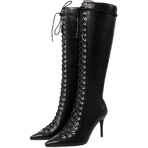 Women's Lace Up Stiletto Heel Pointed Toe Knee High Boots
