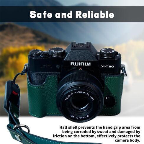 Bowan X-T30 Camera Case, Handmade Genuine Real Leather Half Camera Case Bag Cover for Fujifilm Fuji X-T20 X-T10 Camera Bottom Opening Version + Hand Strap(Blue) in Kuwait