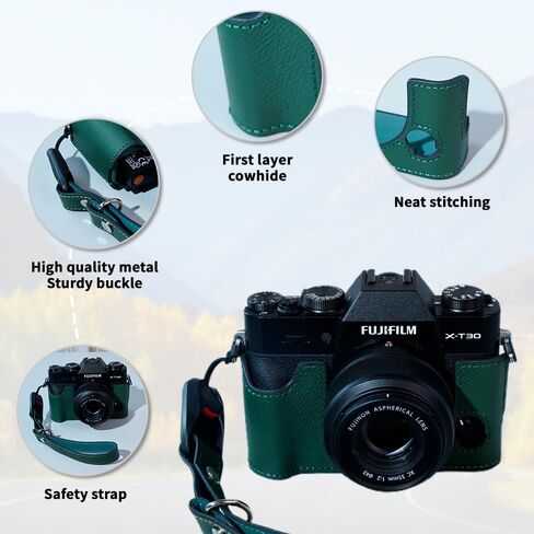 Bowan X-T30 Camera Case, Handmade Genuine Real Leather Half Camera Case Bag Cover for Fujifilm Fuji X-T20 X-T10 Camera Bottom Opening Version + Hand Strap(Blue) in Kuwait