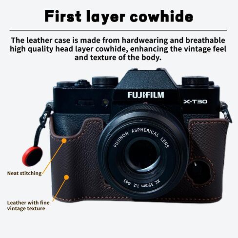 Bowan X-T30 Camera Case, Handmade Genuine Real Leather Half Camera Case Bag Cover for Fujifilm Fuji X-T20 X-T10 Camera Bottom Opening Version + Hand Strap(Blue) in Saudi Arabia