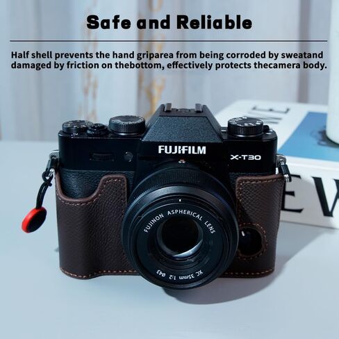 Bowan X-T30 Camera Case, Handmade Genuine Real Leather Half Camera Case Bag Cover for Fujifilm Fuji X-T20 X-T10 Camera Bottom Opening Version + Hand Strap(Blue) in Saudi Arabia