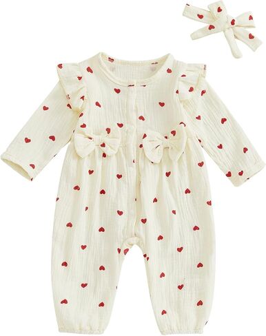 Sasaerucure Infant Baby Girl Valentines Outfit Long Sleeve Heart Jumpsuit Newborn Baby Girl Smocked Bubble Romper + Headband in Saudi Arabia