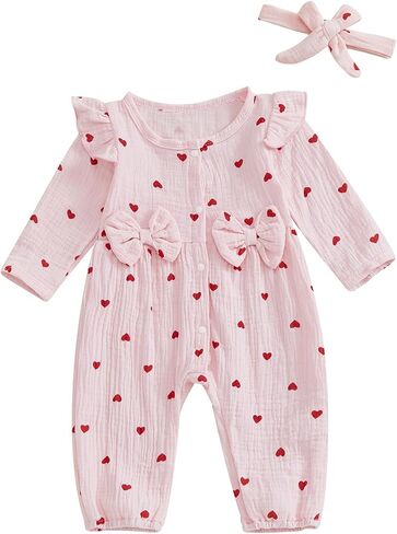 Sasaerucure Infant Baby Girl Valentines Outfit Long Sleeve Heart Jumpsuit Newborn Baby Girl Smocked Bubble Romper + Headband in Saudi Arabia