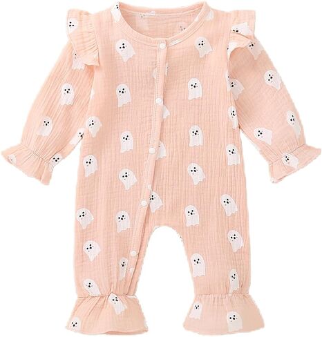 Sasaerucure Infant Baby Girl Halloween Clothes Long Sleeve Ghost Onesie Newborn Baby Girl Smocked Bubble Romper Ruffle Outfit in Saudi Arabia