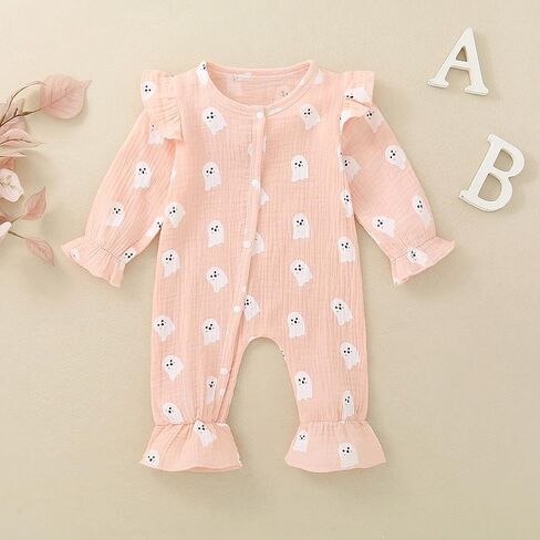 Sasaerucure Infant Baby Girl Halloween Clothes Long Sleeve Ghost Onesie Newborn Baby Girl Smocked Bubble Romper Ruffle Outfit in Saudi Arabia