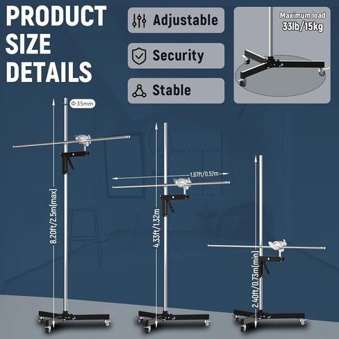 C Stand Stainless Steel Photography Light Stand with Rolling Base, 8.20ft/2.5m Height, 4.33ft Boom Arm for Studio Lighting Equipment in Saudi Arabia