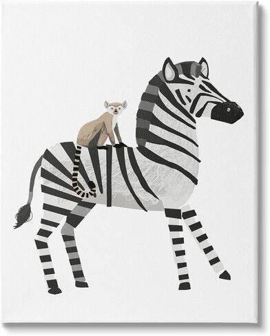 Stupell Industries Cute Lemur on Zebra Kids' Striped Safari Animals Canvas Wall Art, 16 x 20, Black in Saudi Arabia