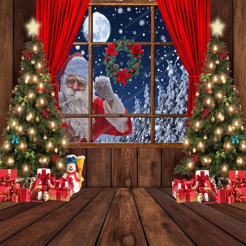 LYCGS 7X5FT Christmas Backdrop Santa Claus Photo Background Winter Snow Xmas Wooden Window Moon Christmas Tree Gifts Photography Background New Year Party Decorations Banner X-68 in Kuwait