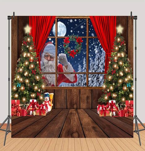 LYCGS 7X5FT Christmas Backdrop Santa Claus Photo Background Winter Snow Xmas Wooden Window Moon Christmas Tree Gifts Photography Background New Year Party Decorations Banner X-68 in Kuwait