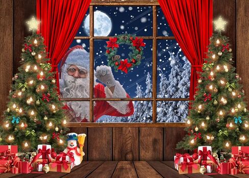 LYCGS 7X5FT Christmas Backdrop Santa Claus Photo Background Winter Snow Xmas Wooden Window Moon Christmas Tree Gifts Photography Background New Year Party Decorations Banner X-68 in Kuwait
