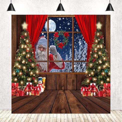 LYCGS 7X5FT Christmas Backdrop Santa Claus Photo Background Winter Snow Xmas Wooden Window Moon Christmas Tree Gifts Photography Background New Year Party Decorations Banner X-68 in Kuwait