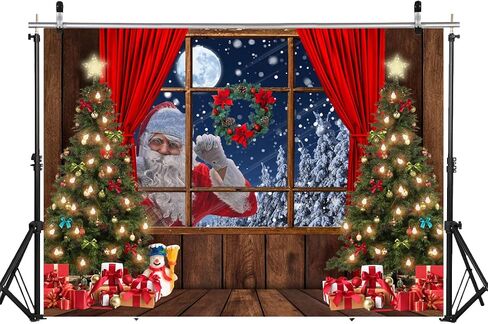 LYCGS 7X5FT Christmas Backdrop Santa Claus Photo Background Winter Snow Xmas Wooden Window Moon Christmas Tree Gifts Photography Background New Year Party Decorations Banner X-68 in Kuwait