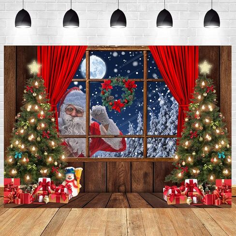 LYCGS 7X5FT Christmas Backdrop Santa Claus Photo Background Winter Snow Xmas Wooden Window Moon Christmas Tree Gifts Photography Background New Year Party Decorations Banner X-68 in Kuwait