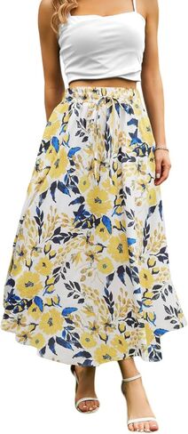 تنانير طويلة للنساء مع جيوب، تنورة طويلة متوسطة الطول، كاجوال، زهور زرقاء in Saudi Arabia