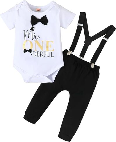 Baby Boy 1st Birthday Crown Bow Tie Gentleman Adjustable Lift Pants Pants Crown Set in Saudi Arabia