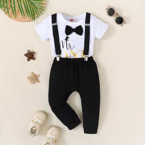 Baby Boy 1st Birthday Crown Bow Tie Gentleman Adjustable Lift Pants Pants Crown Set in Saudi Arabia
