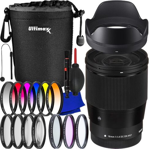 Sigma 16mm f/1.4 DC DN Contemporary Lens Canon EF-M + Water-Resistant Neoprene Lens Pouch, 3PC Multi-Coated UV Filter Kit (UV, CPL, FLD), 6PC Gradual Color Filter Kit & Much More (22pc Bundle), Black in Saudi Arabia