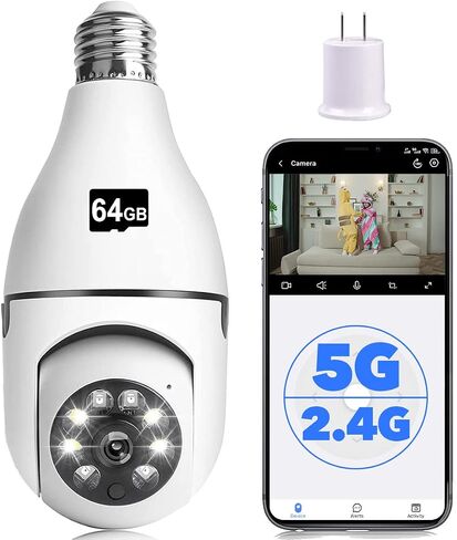 Light Bulb Security Camera,1080P 5GHz& 2.4GHz Wireless Light Bulb Camera for Pet Camera, 360 ° PTZ Light Socket Camera (1Pack 5GHz & 2.4GHz with 64GB SD Card) in Saudi Arabia