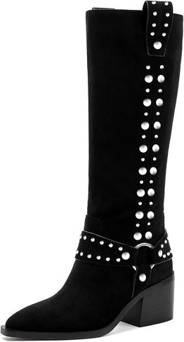 GOSERCE Suede Knee High Boots for Women Pointed Toe Chunky Heel Tall Fall Boots Side Zipper with stud Details Black in Saudi Arabia
