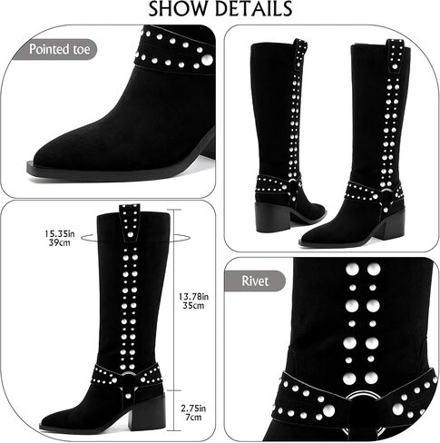 GOSERCE Suede Knee High Boots for Women Pointed Toe Chunky Heel Tall Fall Boots Side Zipper with stud Details Black in Saudi Arabia