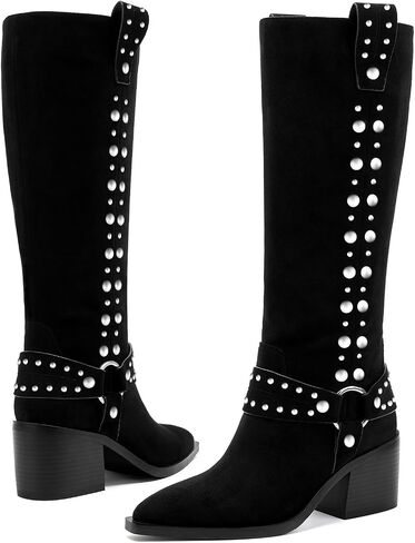 GOSERCE Suede Knee High Boots for Women Pointed Toe Chunky Heel Tall Fall Boots Side Zipper with stud Details Black in Saudi Arabia