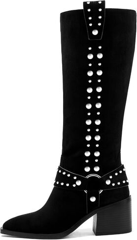 GOSERCE Suede Knee High Boots for Women Pointed Toe Chunky Heel Tall Fall Boots Side Zipper with stud Details Black in Saudi Arabia