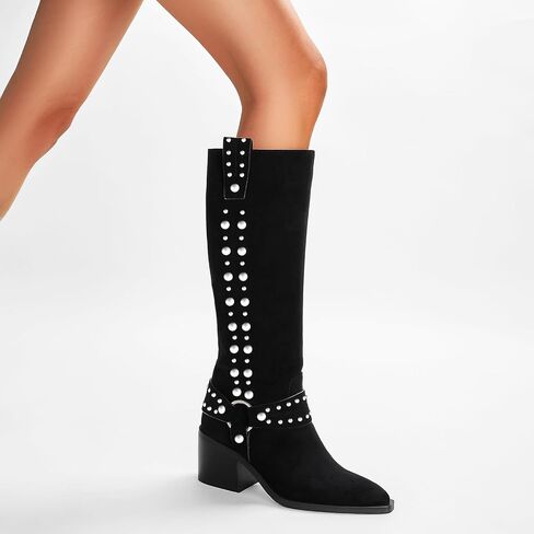 GOSERCE Suede Knee High Boots for Women Pointed Toe Chunky Heel Tall Fall Boots Side Zipper with stud Details Black in Saudi Arabia