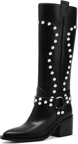 GOSERCE Suede Knee High Boots for Women Pointed Toe Chunky Heel Tall Fall Boots Side Zipper with stud Details Black in Saudi Arabia