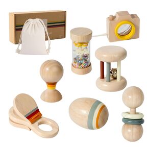 7 PCS Wooden Baby Toys Set - Organic Infant Rattles Newborns 0-6 Month & Montessori-Inspired Musical Instruments for 0-12 Month - Natural Toddler Developmental Toys