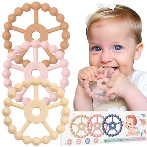 3 Pack Baby Teething Toys for Babies 0-6 Months, Silicone Teething Rings, Freezable Babies Teethers Rings 6-12-24 Months, Teething Relief Chew Toys for Girl Boy, Infant Necessities-Blu Gr Br