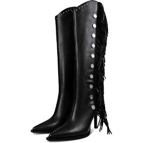 Womens Knee High Boots Pointed Toe Fringe Stiletto High Heel Long Boots Rivet Zipper Winter Sexy Wide Calf Tall Boots