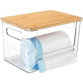 JYPS Trash Bag Dispenser Holder for Kitchen Laundry Room Organization, Extra Large Stackable Garbage Bag Holder Storage with Bamboo Lid Under Sink, Kitchen, Cabinet, Home Decor(Bamboo Lid)