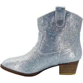 Forever Girls Rhinestone Cowboy Boots Kids Low Heel Dress Booties River-01K Silver 12