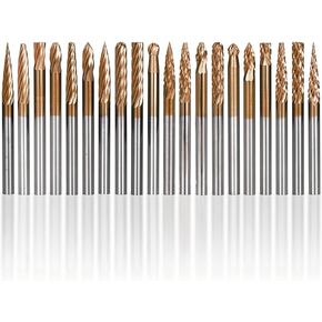 20pcs TiCN Coated Carbide Burr Set, 3mm Shank Double Cut Solid Carbide Tungsten Rotary Burrs Die Grinder Bits for Carving Polishing Engraving Drilling