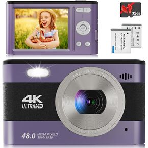 Digital Camera 4K 48MP Kids Camera with 2.8 inch IPS Screen, Portable Compact Point and Shoot Camera for Kids Beginners,Students,Teens with 32GB Card and 2 Batteries (Purple)