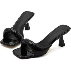 Women's Patent Leather One-Strap Low-Heeled Slip-On Fashion Sandals Sexy Square Open Toe Comfortable Mid-Heel Non-Slip Party Wedding Formal Mules