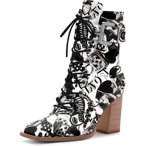 Women's Sexy Block High Heel Ankle Boots Square Toe Lace Up Buckle Strap Dress Booties