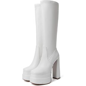 Women GOGO Boots Platform Knee High Boots Tall Boots Chunky High Heel Boots for Women Square Toe Side Zipper Long Shoes