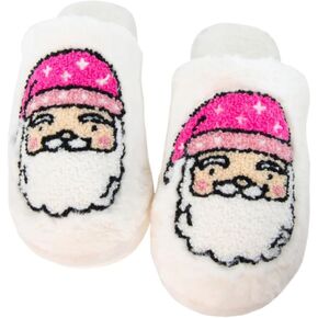 KATYDID Pink Santa Face Christmas Sherpa Slippers