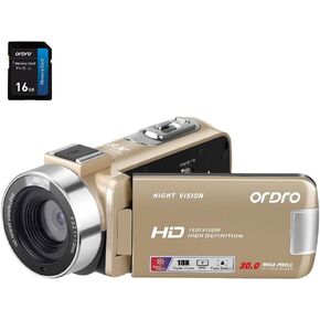 ORDRO Camcorders HD 1080P Video Camera Recorder 18X Digital Zoom Camcorder Infrared Night Vision with 16G Memory Card and 2 Rechargeable Batteries