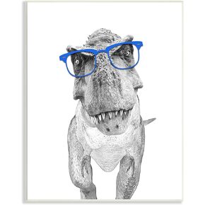 Stupell Industries Adorable Monochrome T-Rex Dinosaur Blue Glasses Illustration, Design by Annalisa Latella, 24 x 30, White
