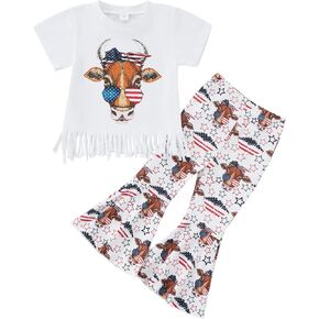 Toddler Kid Baby Girls 4th of July Outfits Short Sleeve Tassels T-Shirt Tops American Flag Print Flared Pants Summer Clothes