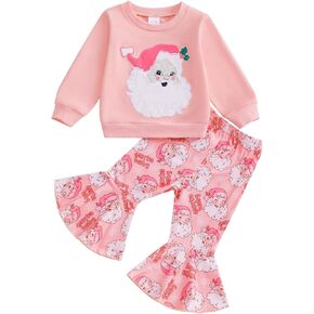 YINGISFITM Toddler Baby Girl Christmas Outfit Santa Sweatshirt Long Sleeve Shirt Bell Bottoms Pants Cute Xmas Outfit Set