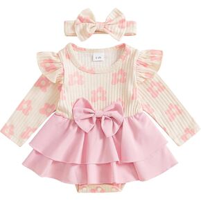 Newborn Baby Girl Outfit Floral Ribbed Knit Ruffle Long Sleeve Romper Dresses Jumpsuit Bodysuit Headband Clothes