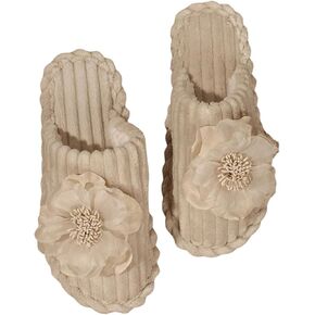 OYOANGLE Women's Flower Appliques Corduroy Home Slippers Round Toe Fuzzy Slippers Indoor Bedroom Shoes