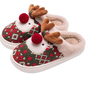 Christmas Slippers for Women Men,Retro Soft Cozy Comfy Plush Lightweight House Slippers Slip-on Indoor Outdoor Slippers,Slip on Anti-Skid Sole,Baby Cute Fluffy Reindeer Slippers,Toddler Deer Plush Soft Warm Home Slippers for Boy Girl,Indoor Shoes