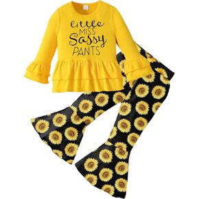 Toddler Baby Girls Bell Bottoms Outfit - Cute Letter Print Ruffle Shirt Floral Flare Pants Fall Winter Clothes Set