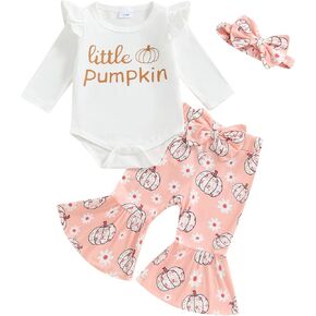 Emmababy Baby Girl Halloween Bell Bottoms Ghost Outfit Pumpkin Romper Ruffle Long Sleeve Bodysuit Flare Pants Headbands Set